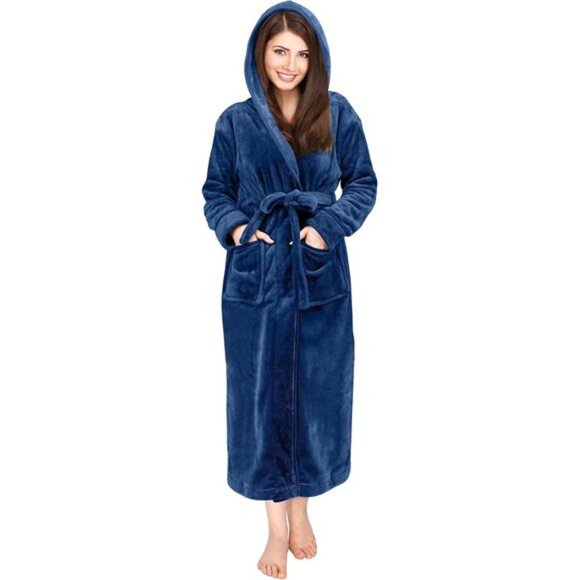 Women's Fleece Hooded Bathrobe Plush Long Spa Robe